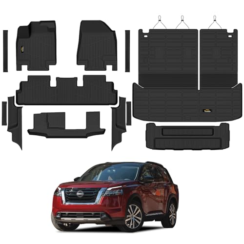 Floor Mats & Cargo Mat with Backrest Mat Custom for Nissan Pathfinder 2022-2025 2026 7&8 Seats Door Sill Guards All Weather TPE Full Set Floor Liners Trunk Mat for Pathfinder 2025 Accessories