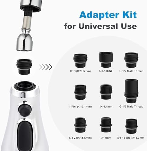 Hibbent Pull Down Spray Head for Kitchen Faucet, NSF/ANSI/CAN 61 & CUPC Certified 3-Function Spray Nozzle, 15 Adapters, Sink Faucet Head Replacement Compatible with Moen, Delta, Kohler, Chrome - 3