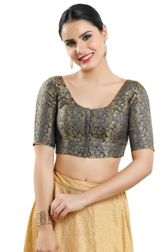 Image of Vamas Women's Brocade & Georgette Padded Self Design Half Sleeve Readymade Saree Blouse (X-1126.ELB)