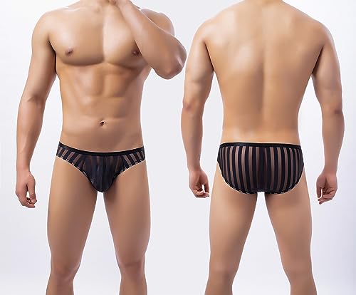 Swbreety Men's Striped Bikini Briefs Bulge Pouch Underwear Low Waist Mesh Triangle Briefs2