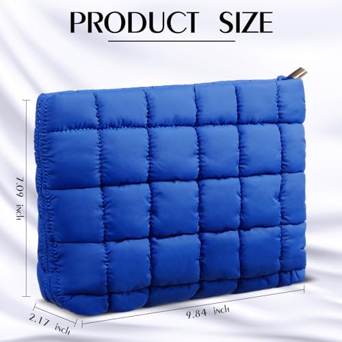 Hillban Puffy Quilted Makeup Bag Quilted Cosmetic Bag Cute Puffer Toiletry Checkered Pouch Aesthetic Travel Makeup Brushes Organizer(Blue,Classic)4