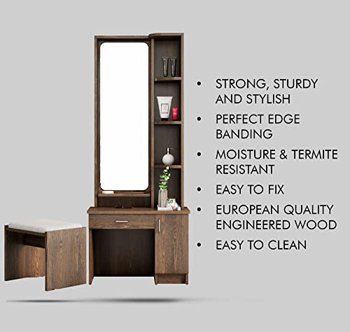 Image of Bniture Dressing Table for Bedroom with 1 Drawer, Mirror and Huge Storage Space with Stool | Long Dresser Vanity Table with Mirror(40D x 68W x 175H CM, Flower Wenge)