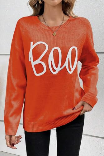 Women's Orange Halloween Boo Knitted Pattern Ribbed Edge Drop Shoulder Sweater3