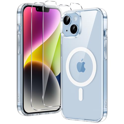 Xiltlly Magnétique Coque pour iPhone 13 / iPhone 14 avec 2 Pièces Verre Trempés, Compatible avec MagSafe, Anti Rayures Antichoc TPU Bumper Housse Etui, Transparent