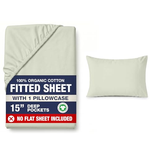 Image of LANE LINEN Twin Size Fitted Sheet & Pillowcase (No Flat Sheet) - 100% Organic Cotton Soft & Breathable Percale Weave For Crisp & Cool Sheets - 15'' Deep Pocket For Snug Fit - GOTS Certified - Mineral