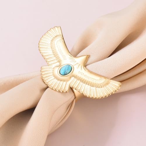 18K Golden Plated Eagle Statement Open Ring Stainless Steel Turquoise Flying Bird Wings Promise Expandable Finger Band Wedding Engagement Rings Fashion Jewelry Gifts for Women Bff4