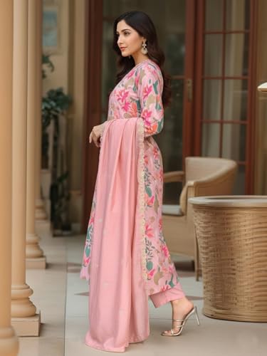 Image of GoSriKi Women's Rayon Viscose Printed Straight Kurta with Pant & Dupatta | Elegant Three Piece Kurti Set | Soft Comfortable Fabric | Stylish Ethnic Outfit for Office Festive