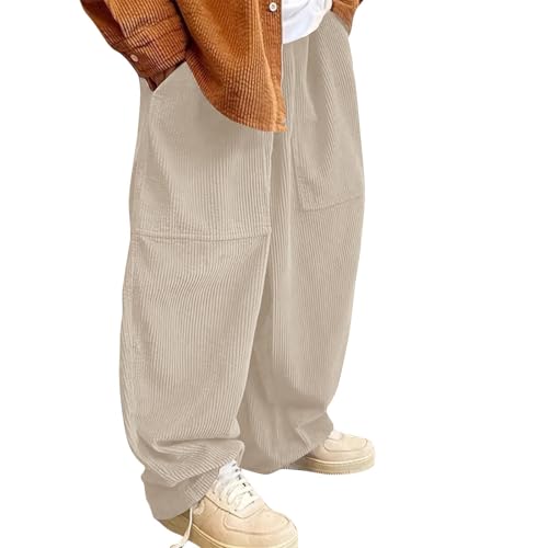 Men's Corduroy Straight Baggy Pants Long Solid Elastic Waist Casual Pant Loose Going Out Travel Trousers with Pockets