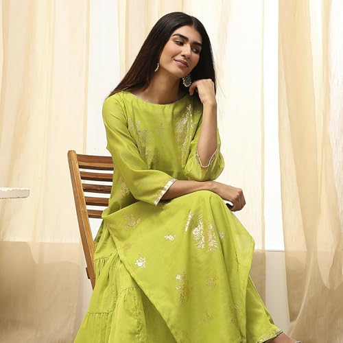 Image of Biba Women's Poly Chanderi 3 /4 Sleeves Calf Length Round Neck A-Line Casual Dress