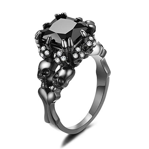Women's Black Skull Rings Stainless Steel Gothic Band Cool Cocktail Party Halloween Biker Ring Jewelry White CZ Black Size 8