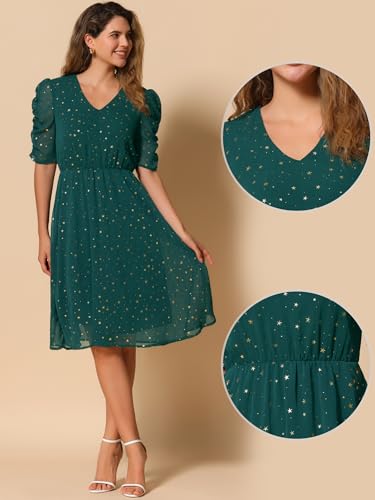 Image of Allegra K Chiffon Dress for Women's Metallic Stars Ruched Sleeve V Neck A-line Dress