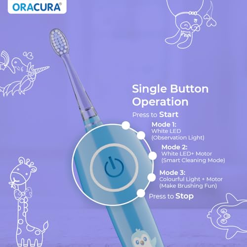 Image of ORACURA KSB200 Kids Sonic Electric Rechargeable Toothbrush, 3-10 Years, 24,000 strokes /min, With 3 Modes, IPX7 Waterproof, Smart 2-Min Timer, Rechargeable Lithium Battery, LED & Colorful Lights (Blue)