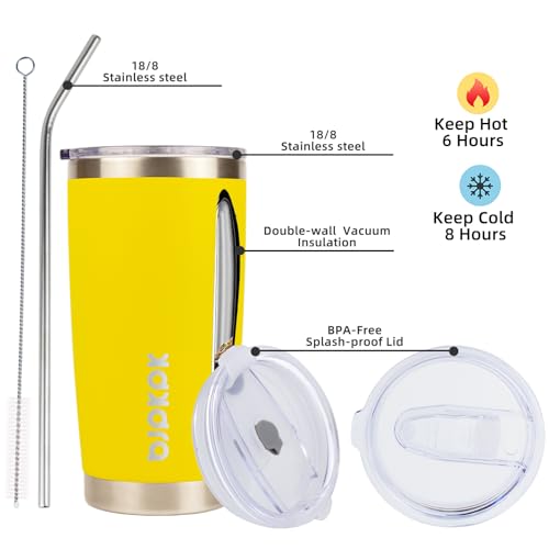 Image of BJPKPK 20 oz Coffee Tumbler with Lid, Straw, Insulated Stainless Steel Mug | Double Wall Vacuum, Keeps Hot /Cold, BPA Free, Leak Proof, Iced Coffee Cup Fit Car Holder, Travel & Beach Ready, Goldenrod