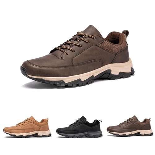 Bestofoot Mens Shoes, Waterproof Hiking Shoes Sneakers, Men's Non-Slip Leather Sneakers for Outdoor Trekking Walking (Brown,10)