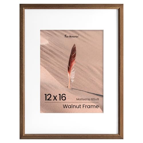 Fun Memories 12x16インチ 写真フレーム オーク無垢材 写真フレーム モダンフォトフレーム 12x16インチ 8.5x11マット付き 高解像度プレキシガラス 壁掛けフック付き (ウォールナット、1パック)