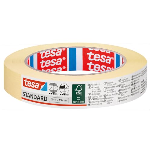 tesa Cinta de Pintar STANDARD, Cinta de Pintor, Removible Sin Residuos hasta 2 Días Después, Sin Disolventes, Ancha, 50 m x 19 mm