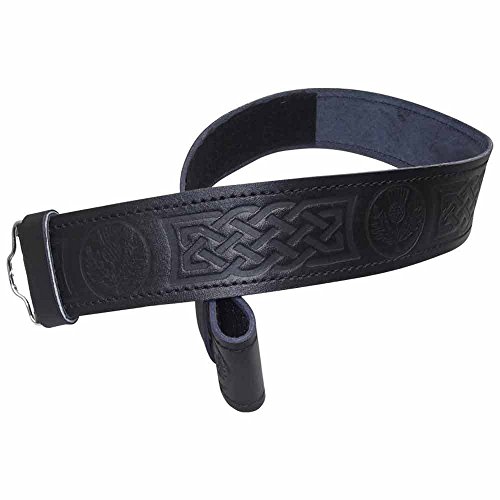 Scottish Highland Black Leather Kilt Belt without Buckle in Thistle Embossed Design