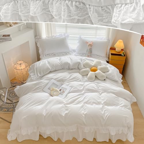 Image of 3 Pieces Ruffle Duvet Cover Sets with Edging White Ruffle and Lace Bedding Set Soft Breathable Microfiber Duvet Cover Double 200x200 cm