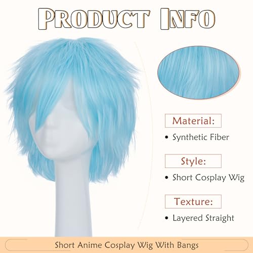Image of S-noilite Unisex Short Cosplay Wig Short Pixie Fluffy Hair Wigs for Women Men Halloween Anime Party Dress Costume Hairstyle Heat Resistant Straight Synthetic Hair Wigs Light Blue
