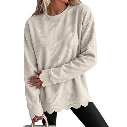 HswsEJ Womens Crewneck Sweatshirt Fall Corduroy Scalloped Bottom Sweatshirt - image 2