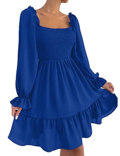 Ekaliy Women's Casual A-Line Dress Square Neck Puff Sleeves 2025 Party Homecoming Dress Blue XL