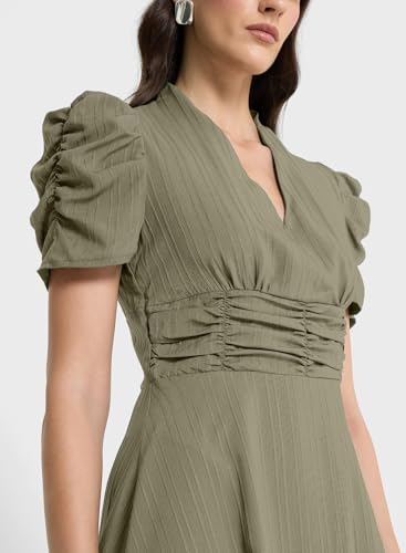 Image of Sugathari Women Women's V-Neck Maxi Dress, A-Line Style, Puff Sleeves, Cinched Waist 246