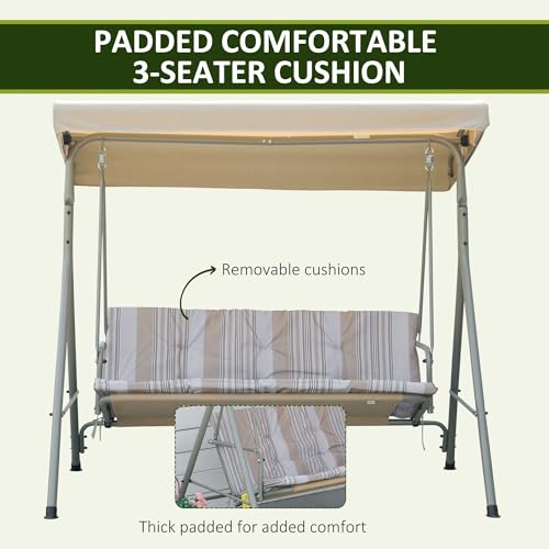 Outsunny 3 Seater Garden Swing Chair Patio Swing Bench with Tilting Canopy, Removable Cushion, Light Brown Top, Brown - Image 3