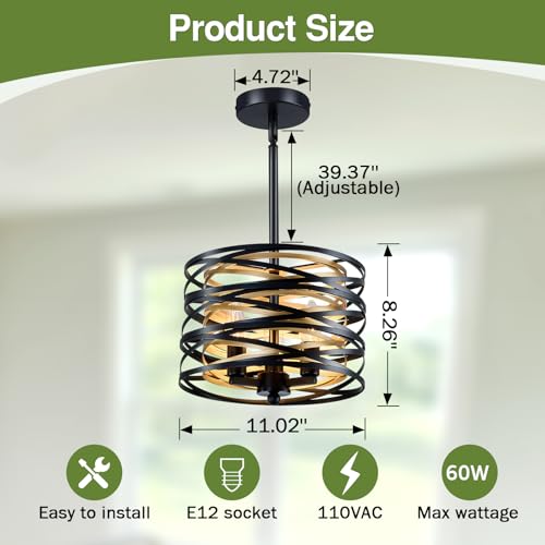 Image of 3- Light Chandeliers Industrial Metal Hanging Light Fixture 11 Inch Farmhouse Chandeliers for Dining Room Black and Gold Pendant Light for Entryway Kitchen Foyer Bedroom