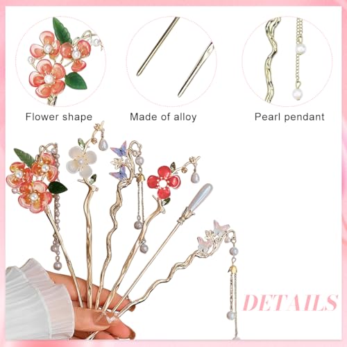 Image of MAYCREATE 6Pcs Butterfly Flower Hair Sticks for Buns Chinese Hanfu Asian Vintage Floral Hairpins Hair Chopsticks with Pearl Tassel for Women Girls
