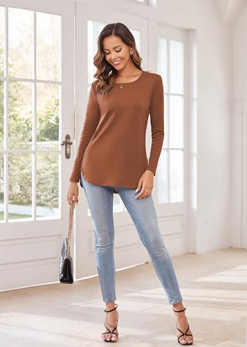 Image of Herou Women's Casual Long /Short Sleeve T Shirt Crewneck with Side Split Fall Pullover Loose Tunic Sweater Tops