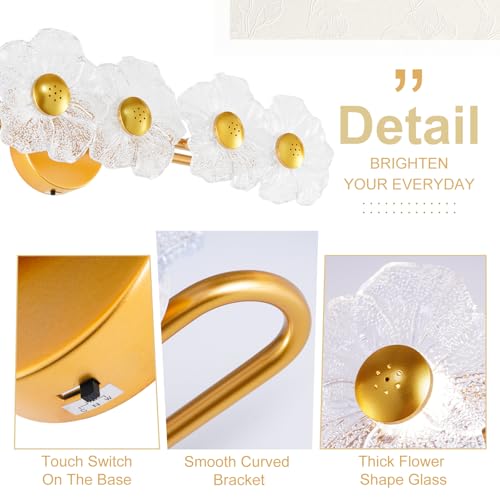 Image of 26.7 inch Gold Bathroom Light Fixtures 5 Light Floral Vanity Lights, 3-Color Dimmable Bathroom Vanity Light Elegant Led Wall Lights Cordless Wall Sconces for Decor,Bathroom,Livingroom