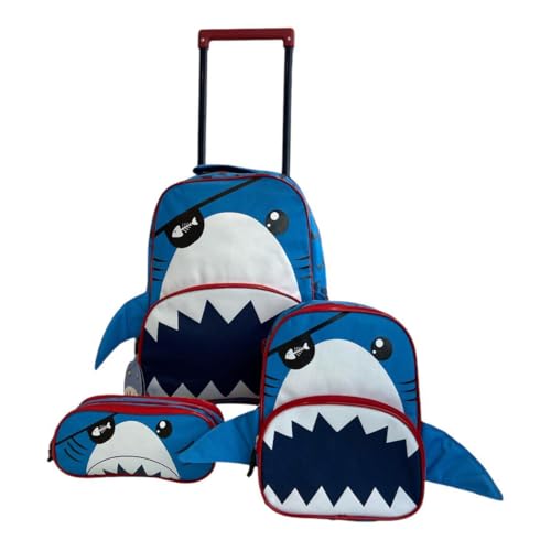 Kit Mochila Infantil de Rodinhas com Lancheira e Estojo - Tubarão