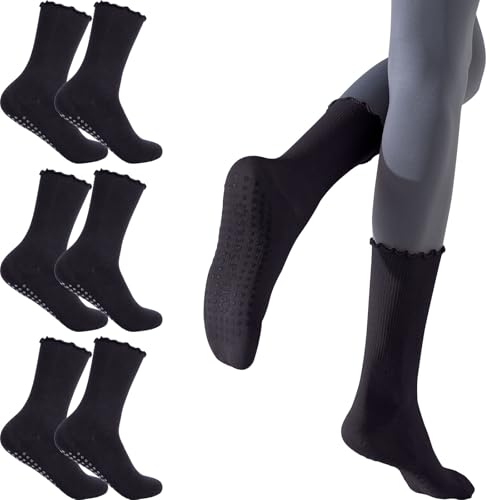 3 paia di calzini da pilates con impugnature antiscivolo con volant calzini da yoga calzini per balletto, danza a piedi nudi, allenamento a piedi nudi, calzini per l'equipaggio incinta, 3 paia - Nero,