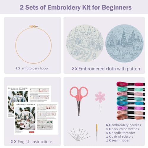 Image of Offizon Christmas Embroidery Kit for Beginners, 2 PCS Starter Cross Stitches, Winter Night Santa Handicrafts, Merry Chistmas