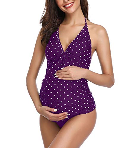 Traje de baño de Maternidad Verano Mae triángulo Halter Bikini Violeta con Lunares Large