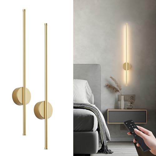 Image of Battery Operated Modern Wall Sconces,Dimmable Wireless Wall Light Set of Two with Remote Control,3 Color Temperatures,Rechargeable LED Wall Sconce for Bedroom,Living Room,Hallway,27.6 Inch,Matte Gold