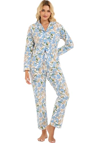 Image of LUBOT 100% Cotton Pajamas for Women Pajama Set 2 Piece PJ Sleepwear Set Soft Ladies Button Knit Long Sleeve Loungewear XS-XXL