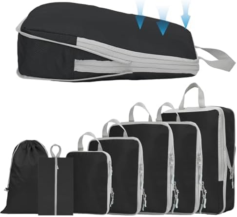 YYDSLEE Compression Packing Cubes for Backpack 7PCS Suitcase Organiser Set Ultralight Expandable Waterproof Travel Organizers Home Storage Packing Bags Carry on Luggage Plane Travel Essentials Black