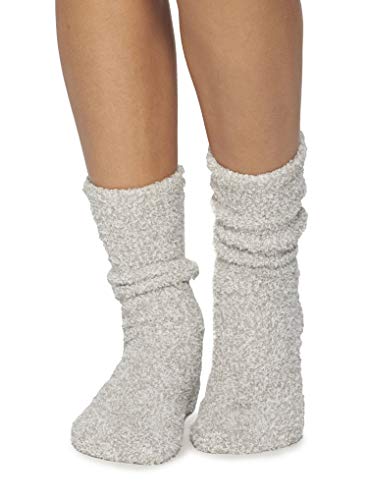 Barefoot Dreams CozyChic Women Heathered Socks, Crew Socks, Plush Socks, Loungewear, Warm Toes, Fuzzy Socks- Stone/White-Oyster/White (Set of 2)