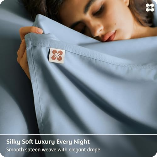 Image of Bedsure 100% Organically Grown Bamboo Viscose Queen Sheet Set | Cooling Bedsheets for Hot Sleepers | Luxury Silky Soft PureWoven | 18 inch Deep Pocket with Corner Straps | Oeko-Tex [Mineral Blue]