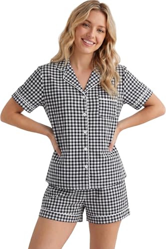Image of LUBOT 100% Cotton Pajamas for Women 2 Piece PJ Set Button-Down Soft Knit Short Sleeve Summer Sleepwear Loungewear XS-XXL
