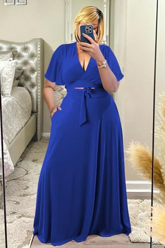 Image of Plus Size Women's 2 Piece Outfits Casual Short Ruffle Sleeve Wrap Crop Top Maxi Long Dress Flowy Matching Sets