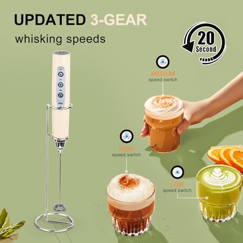 Image of YUSWKO Beige Handheld Milk Frother Wand with Stand for Coffee, Rechargeable Electric Whisk with 3 Heads 3 Speeds Drink Mixer Coffee Frother For Latte, Cappuccino, Hot Chocolate, Egg
