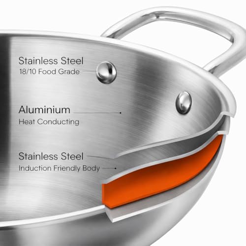 Image of Kanshita's Rasoiware Platinum Series Triply Kadhai - 5L Stainless Steel with Lid, Induction & Gas Stove Ready (31.5 cm)