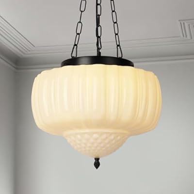 CLARSYNE 14" Vintage Milk Glass Pendant Light, Mid-Century Modern Schoolhouse Ceiling Chandelier, Vintage White Opal Flush Hanging Fixture for Kitchen Island, Dining Room, Bedroom, Living Room