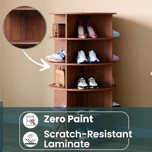 Image of 360 Rotating Multipurpose Storage Cabinet - Laminated Engineered Wood Organizer Rack | Space-Saving Rotating Shelf for Bedroom, Living Room, Dressing Area & Bathroom (Teak Brown, 5-Tier)