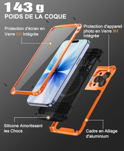 Coque iPhone 17 compatible MagSafe orange avec support intégré et vitre 9H - 3