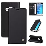 SLWYF Handyhülle für Samsung Galaxy J120/J1 2016 Hülle [Mit 2 Stück Panzer Schutz Glas] Premium PU Lederhülle Wallet Klappbar Flip Hülle Tasche Magnet Kartenfach Standfunktion, Schwarz