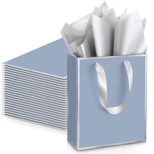 Image of Yeaqee 24 Pack Metallic Paper Gift Bags, Dusty Blue, Silver | with Satin Ribbon Handle and Tissue, 9x7x3.1 Inch, Suit Business, Birthday, Christmas, Thank You Return Gifts Bags