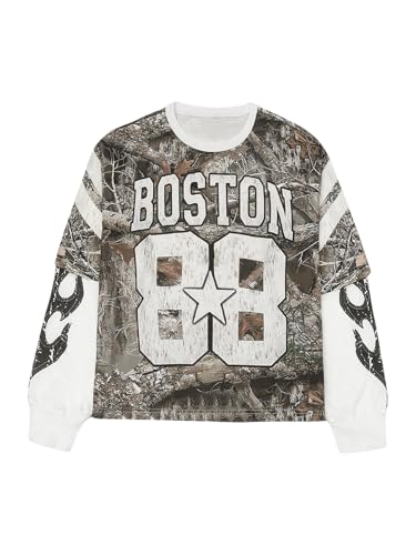Men's Camo Jerseys Shirt Letter Print 2 in 1 Sweatshirts Graphic Long Sleeve Crewneck Camouflage Hunting Tops